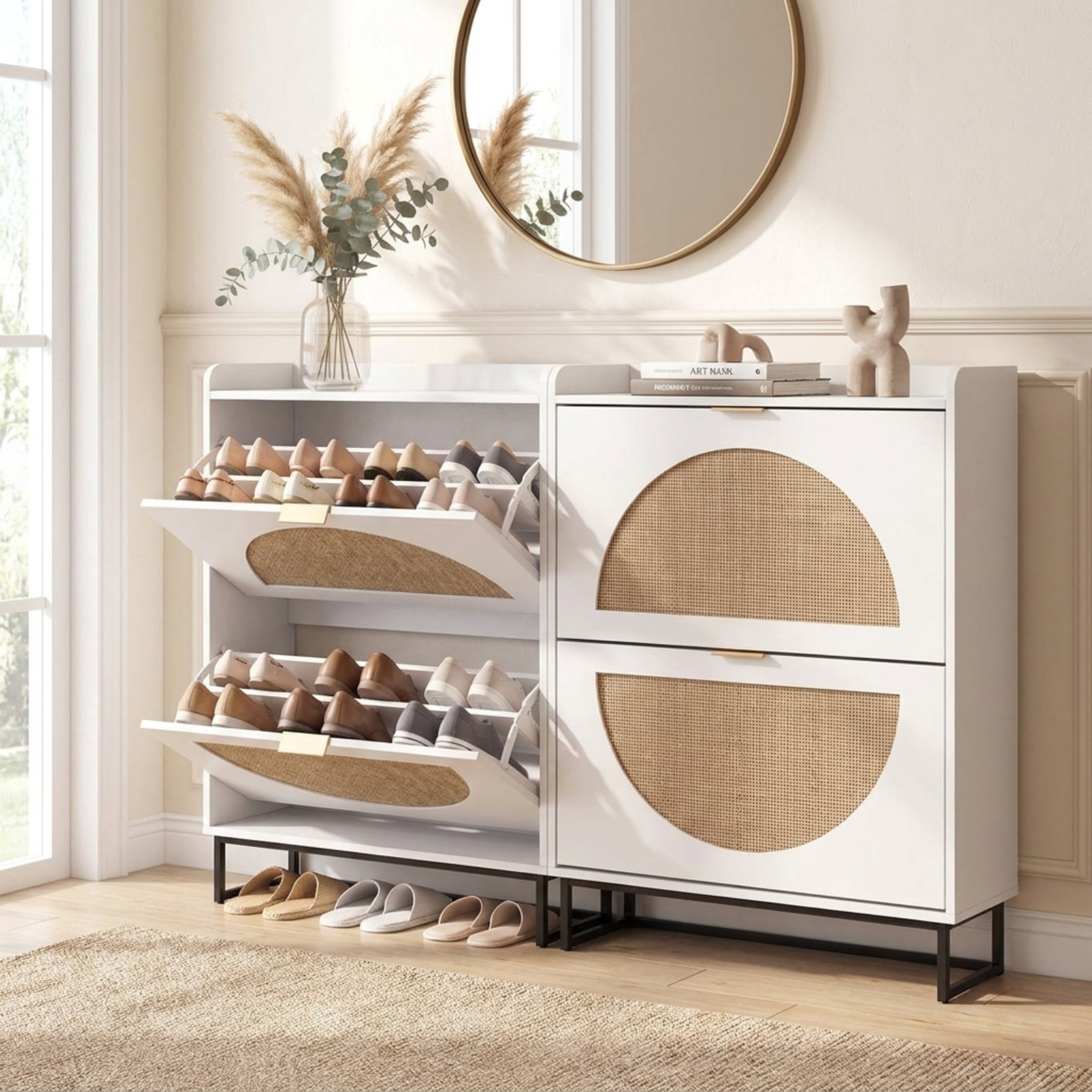 Furnibear Tall Narrow Shoe Storage Cabinet with 2 Flip Drawers Adjustable Removable Shelves and Faux Rattan Doors for Entryway and Apartment, White