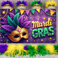 thumbnail image 5 of Colorful Feathers Mardi Gras Banner Golden Mask Happy Mardi Gras Display Purple Gold Green Star Decorations Carnival Backdrop for Carnival Party Mardi Gras Celebration Indoor Decoration, 5 of 9