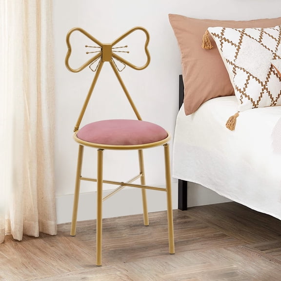 Modern Vanity Chair Stool, Cute Makeup Chair w/Butterfly Backrest and Pink Flannel Cushion, Girl's Stool Chair Ottoman Bench Metal Bench Legs Gold Dining Chair for Kitchen Bedroom Living Room