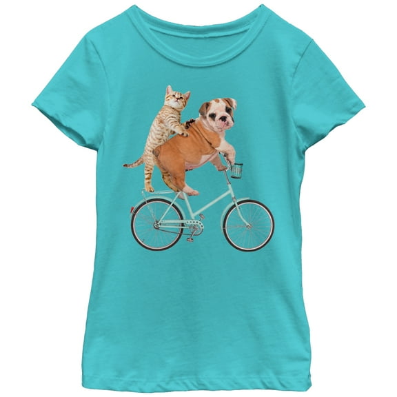 Girl's Lost Gods Kitten Puppy Bicycle Graphic Tee Tahiti Blue Large