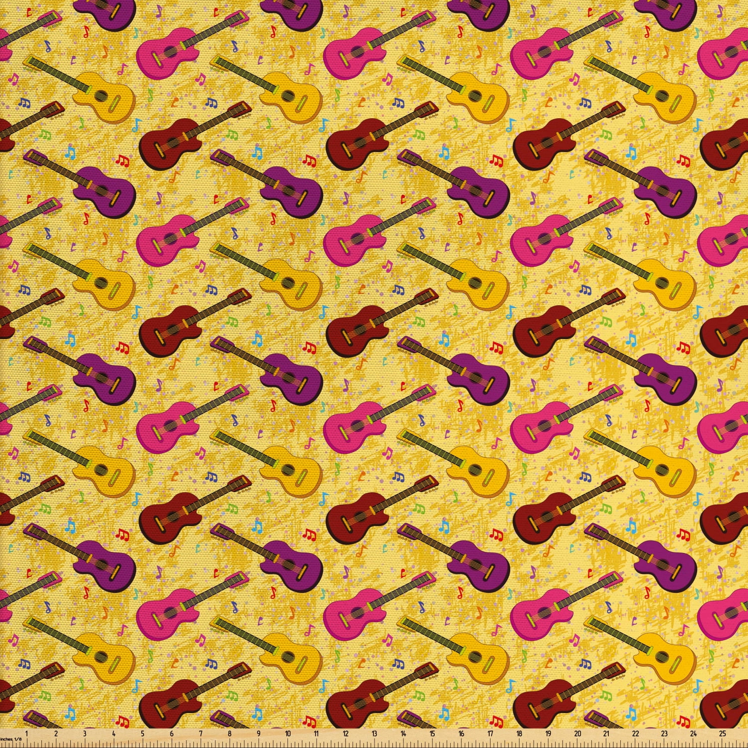 Guitar Fabric by The Yard, Colorful Repeating Pattern with Musical Instrument and Notes