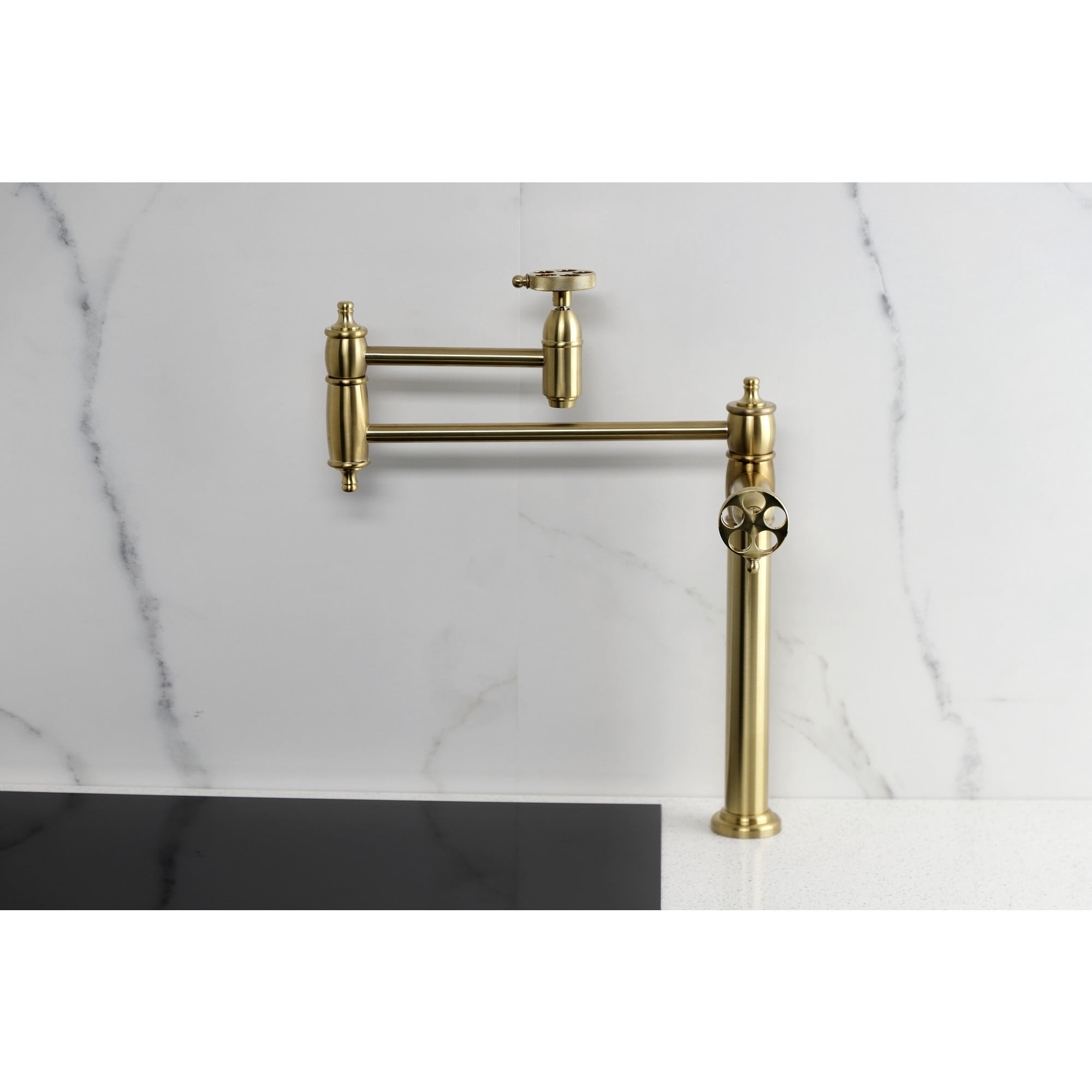 Kingston Brass KS3707RKZ Wendell Deck Mount Pot Filler Faucet with Knurled Handle, Brushed Brass