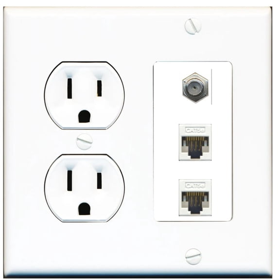 Ultra Spec Cables 1 Port Coax 2 Port Cat5e Ethernet Wall Plate w/Round Power Outlet