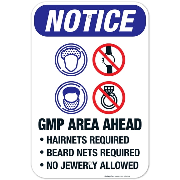 GMP Area Ahead Hairnets, Beard Nets Required No Jewelry Allowed Sign, OSHA Sign,