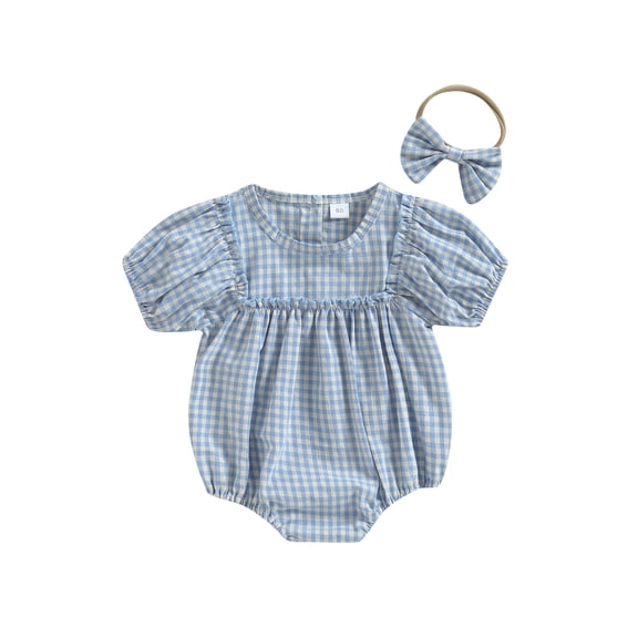 RUINIXCW Newborn Baby Girl Summer Clothes Infant Baby Girls Gingham Plaid Outfits Bubble Romper Puff Short Sleeve Bodysuit Playsuit with Headband Set