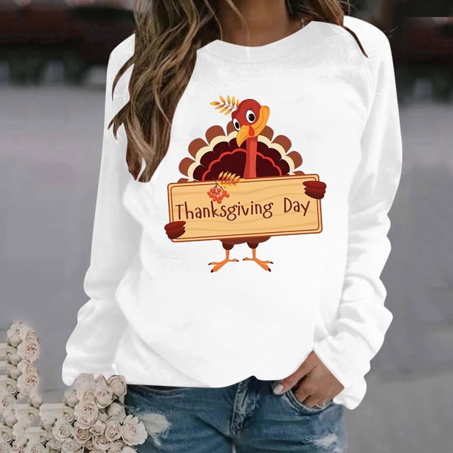 Meichang T-Shirt de l\'Action de Grâce pour Femmes T-Shirts Graphiques de l\'Action de Grâce Manches Longues Décontractées Hauts d'Automne Coupe Ample Col Rond Chandail