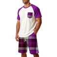 thumbnail image 5 of OIOLOYJM Mens Pajama Set Summer Casual Cotton Plaid Breathable Pjs Sleepwear Soft Comfy Raglan Short Sleeve Sleep Set With Pockets Purple 5XL, 5 of 5