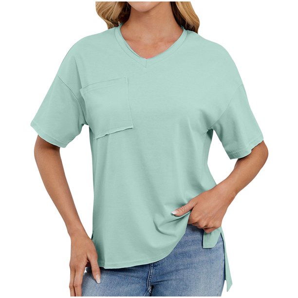 Camiseta de Manga Corta de Bolsillo de Cuello en V de Color Sólido, con Detalle Del Doblado de la Hendidura para el Uso Diario Y de Ocio