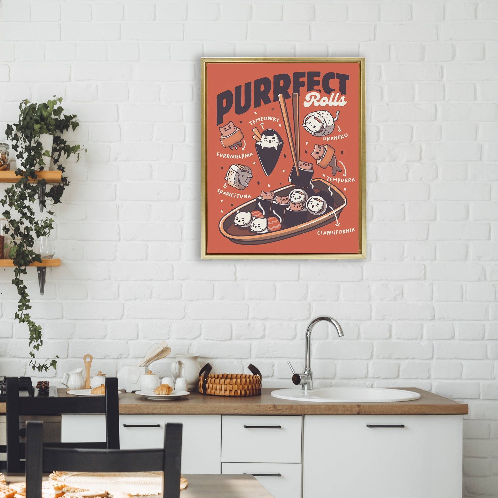 Stupell Industries Purrfect Rolls Sushi Cats Gold Framed Floater Canvas Wall Art, design by Tobe Fonseca