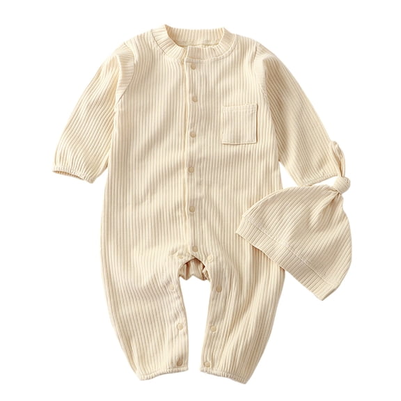 Coerni Boys Girls Clothes Set New Born Baby Romper Hat Ribbed Knit Button Bodysuit Solid Coming Home Outfit Birthday Jumpsuit