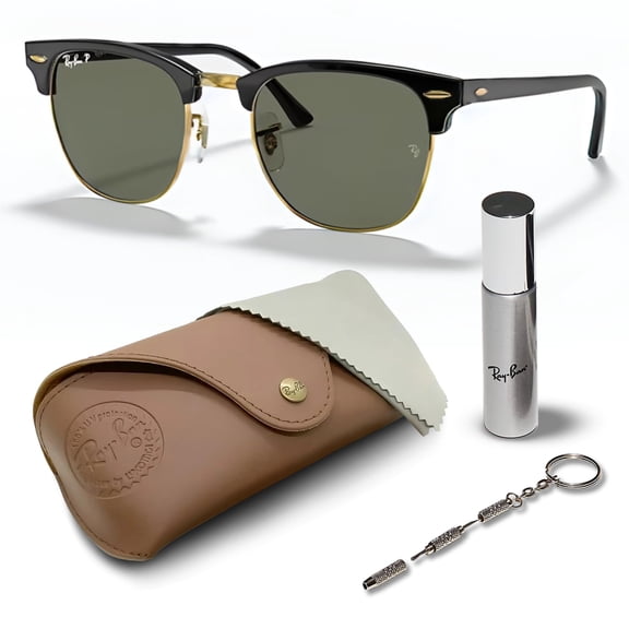 Ray-Ban RB3016F CLUBMASTER CLASSIC POLARIZED Square Shaped Sunglasses for Men & Women - Includes Official Rayban Eyewear Kit - Ideal Formal & Casual Wear Sunglasses - G-15 Green Lens