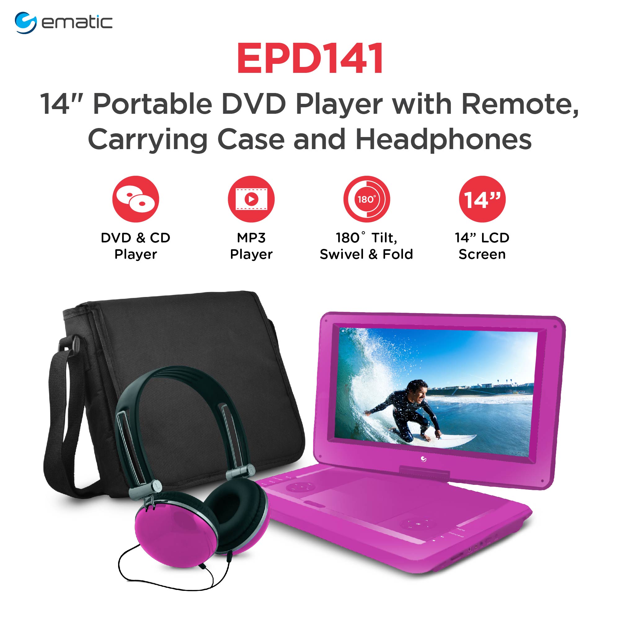 Ematic 14 Inch Portable DVD Player with Remote, Carrying Case and