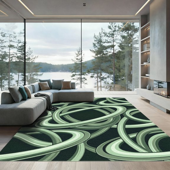 ODIKA 4'x6' Machine Washable Non-Slip Area Rug, Abstract Green High Traffic Rug, Green, 950358