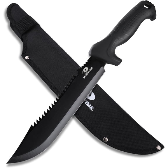Mossy Oak 16" Heavy Duty Machete with Saw and Sheath, Sharp Dual-Edge Blade, Ergonomic Non-Slip Handle for Bushcraft, Outdoor Hunting, Garden Cutting and Yard Work