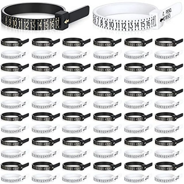 Paquete de 100 unidades. Medidor de tamaño de dedo reutilizable. Herramienta para medir el tamaño del anillo. Plástico, talla estadounidense, color blanco y negro.