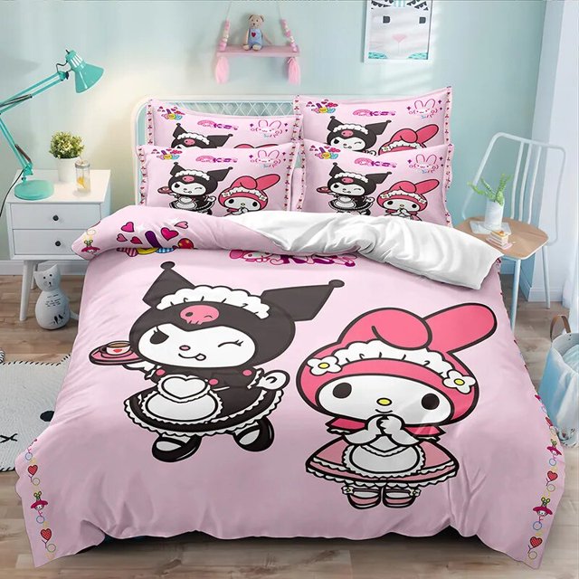 Juego de cama de Hello Kittys, ropa de cama de 2 piezas, 135x200cm, con estampado 3D de dibujos animados de Anime, Kuromi Melody Girl