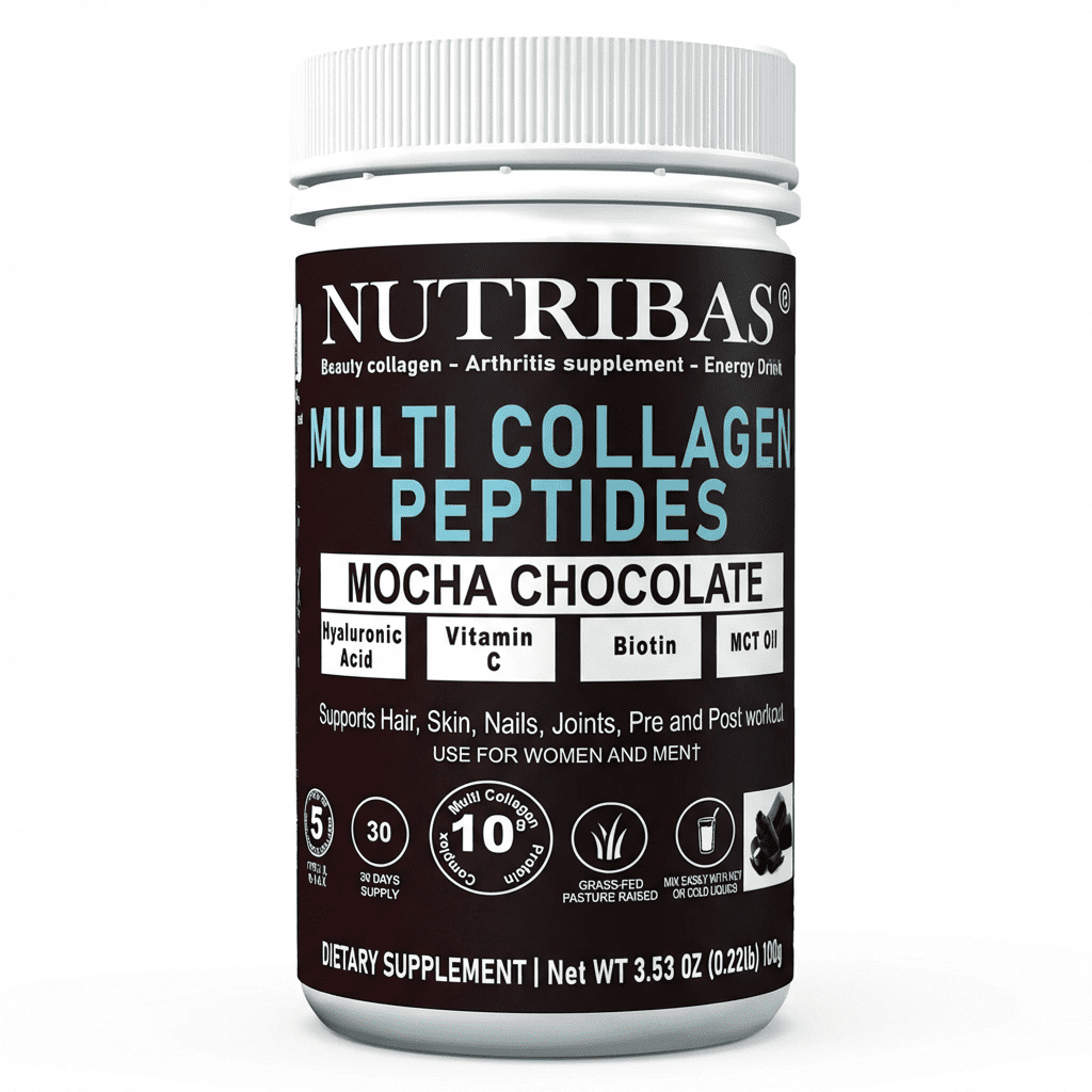 Nutribas Protein Multi Collagen Peptides Powder Whole Body Support Formula With MCT, Vitamin C, Biotin & Hyaluronic Acid , Vanilla Strawberry Mango, 11 oz