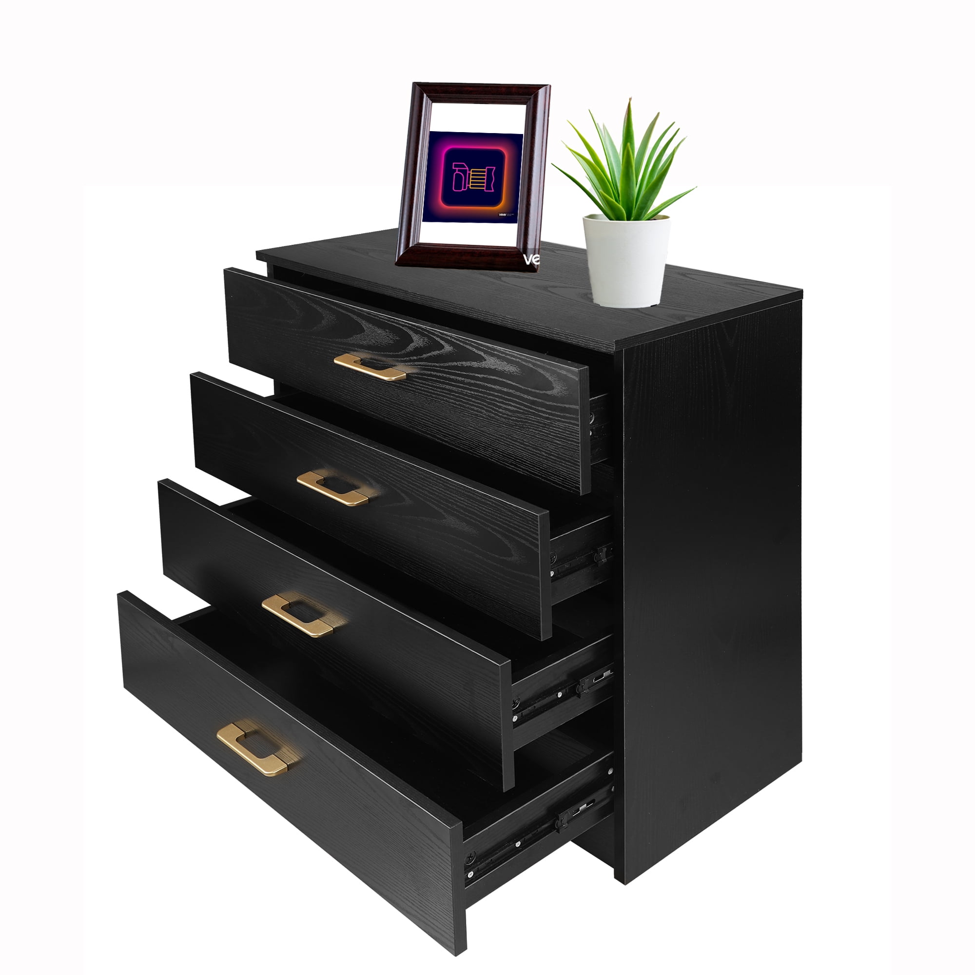 Seizeen 4Drawer Dresser, Black Heavy Duty Drawer for Bedroom, Chest of