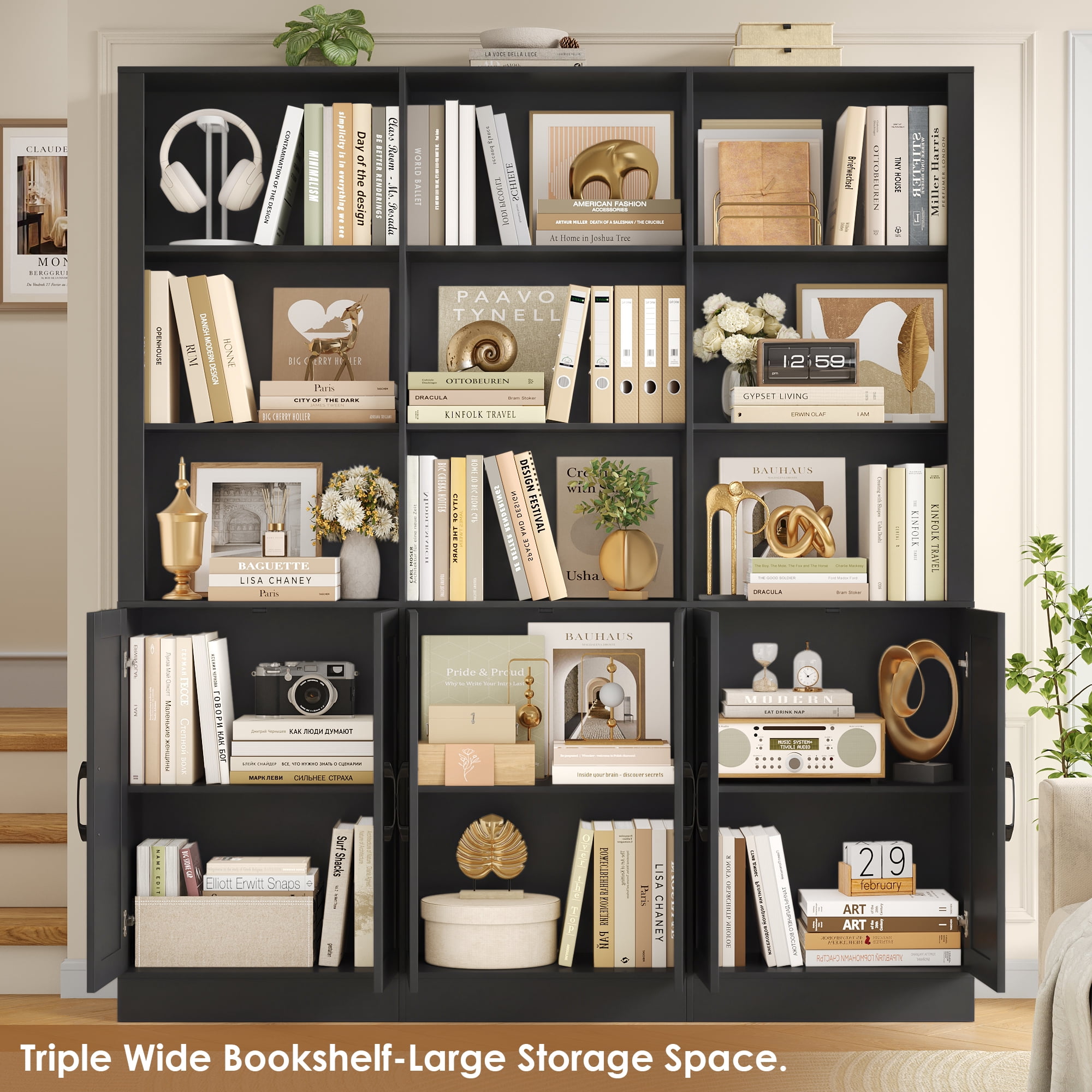 Homfa 70″ Tall Bookshelf and Bookcase with Cabinets, 63'' Wide Triple Row Display Shelves, 15 Cubes 5-Tiers Large Bookcase for Living Room Home Office, Black