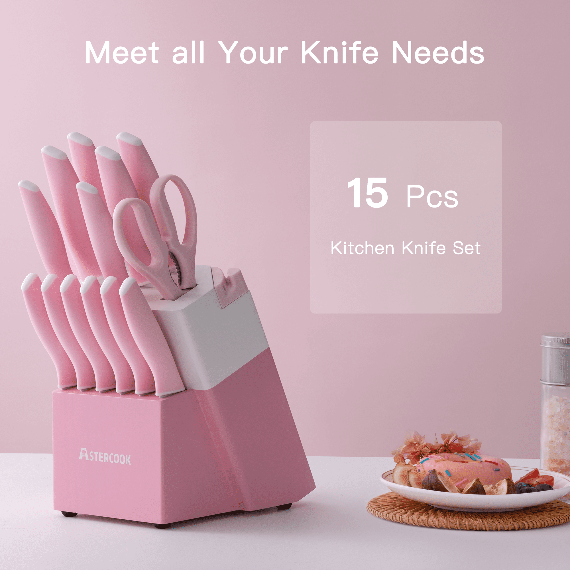 Astercook Knife Set, 14 Pieces Kitchen Knives Set with Healthy Anti-Rust Coating, Stainless Steel Knife Sets with Built-in Sharpener, Sharp & Rust Resistant Dishwasher Safe Pink