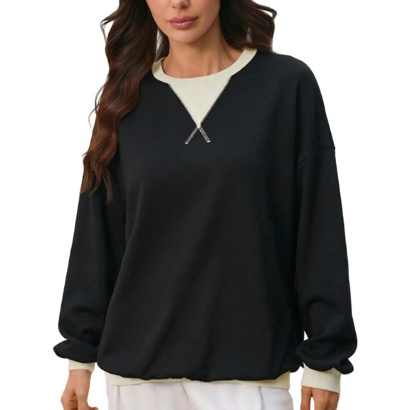 Womens Color Block Crewneck Sweatshirt Fall Winter Loose Fit Long Sleeve Hoodless Lounge Pullover Top