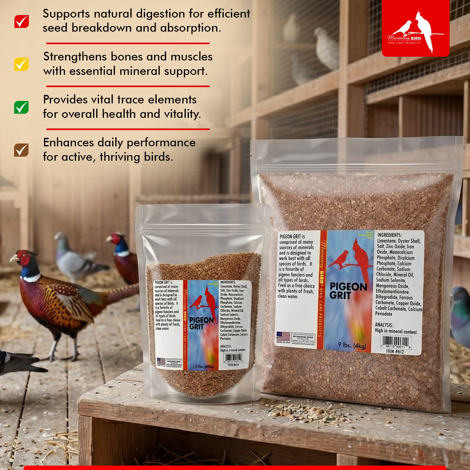 Morning Bird Pigeon Grit Bird Food with Minerals, 4.5 lbs (3-Pack, 1.5 lbs Each)
