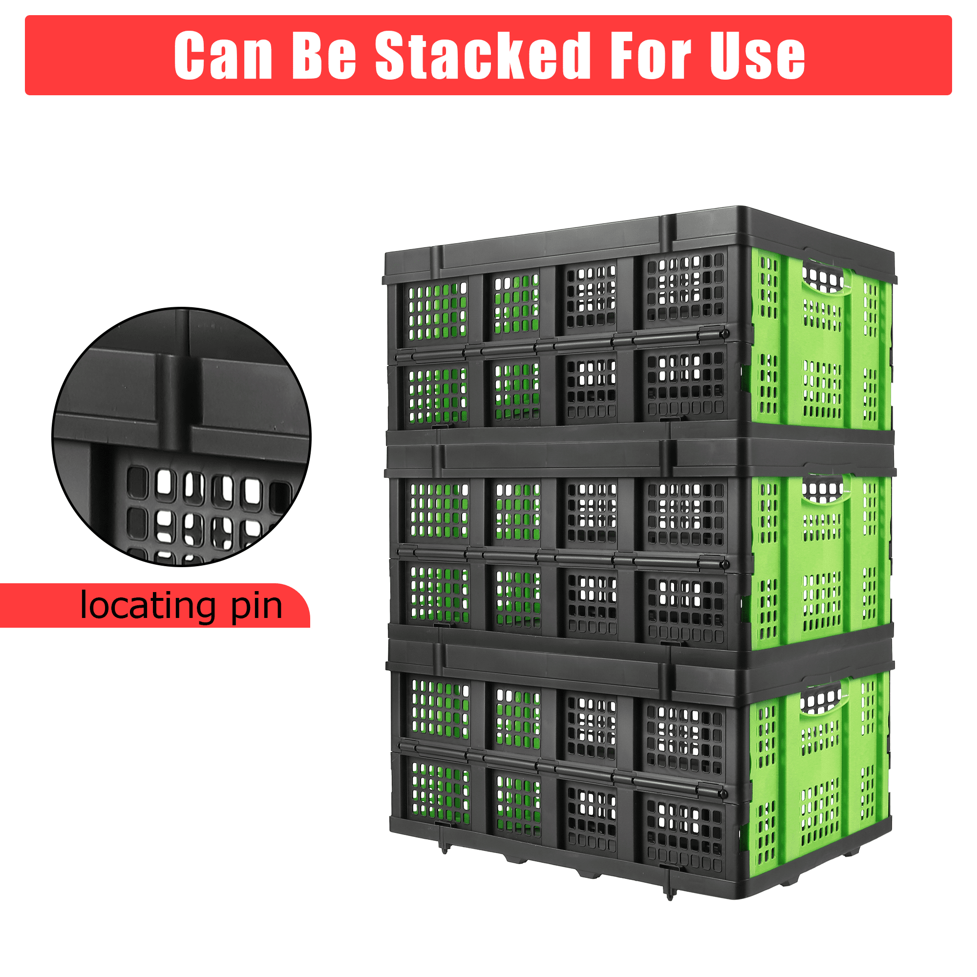 Heavy-Duty 55L Collapsible Stackable Storage Crate – Collapsible Plastic Organizer Bin with Handles – Multi-Purpose Utility Basket for Home, Kitchen, Office, Garage, Camping, Moving – Green