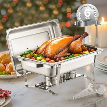 KFFKFF 6 Pack Chafing Dish, 8QT Stainless Steel Buffet Serving Set, with 6 Full-Sized Trays, Cover, Water Tray, Stand, and Fuel Container for Home Party, Buffets, Wedding, Banquet, Catering Events