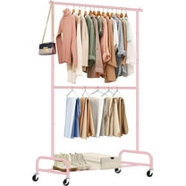 Double Rod Heavy Duty Clothes Racks for Hanging Clothing, Metal Rolling Garment Rack With Wheels Clothes Hanger Rack Wardrobe Racking for Coats, Shirts (Pink)