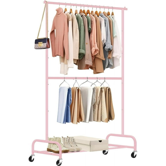 Double Rod Heavy Duty Clothes Racks for Hanging Clothing, Metal Rolling Garment Rack With Wheels Clothes Hanger Rack Wardrobe Racking for Coats, Shirts (Pink)