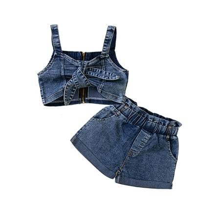 

Bmnmsl Little Girl Set Sling Plain Tie-Up Zip-Up Crop Camisole Ruffle Denim Shorts