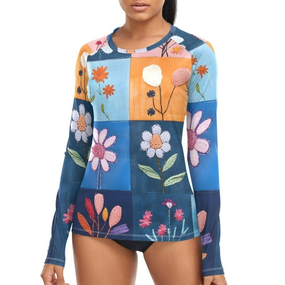joogoo Womens UPF 50 Rash Guard Cute Flower on Checkered Long Sleeve UV Protection Sun Shirts Tops S