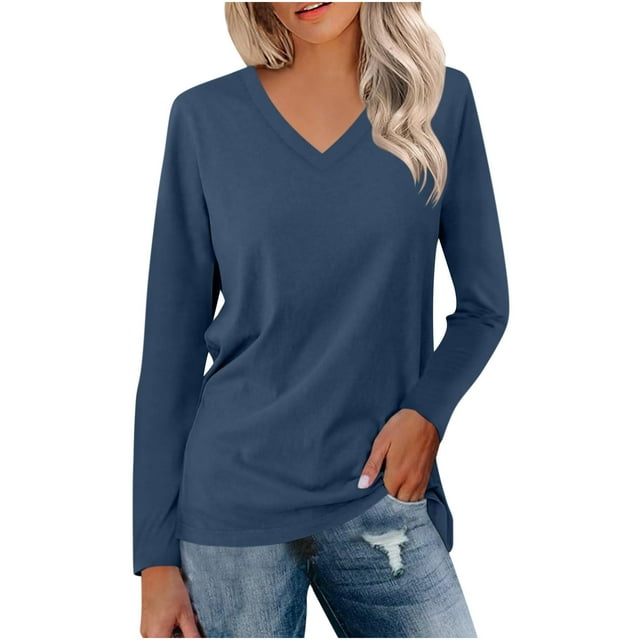 AherBiu Women's Tops Long Sleeve V Neck Fall Loose Fitting Basic Tee Comfy Solid Color T Shirts Clothes