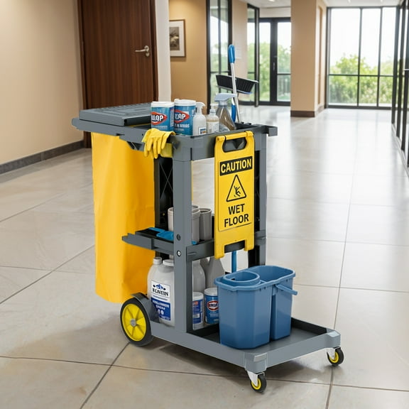 Heavy-Duty Janitorial Cart with Multi-Tier Storage, 2 Garbage Bags, Gloves & Lid