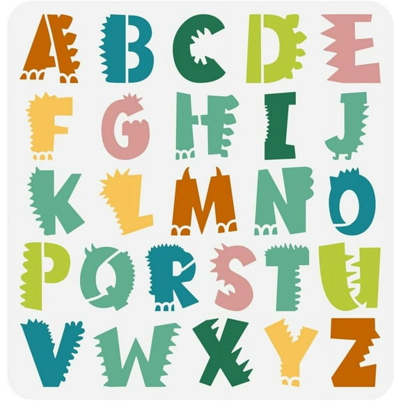 Dinosaur Alphabet Stencil for Painting 11.8x11.8 inch 26 English Alphabet Painting Stencil Cute Dinosaur Pattern Drawing Template Daily Theme Template for Painting on Wood Fabric for DIY