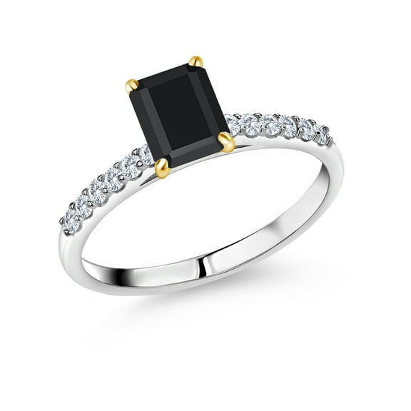 Gem Stone King 1.81 Ct Black Onyx E-F Lab Grown Diamond 925 Silver and 10K Yellow Gold Ring (Size 6)
