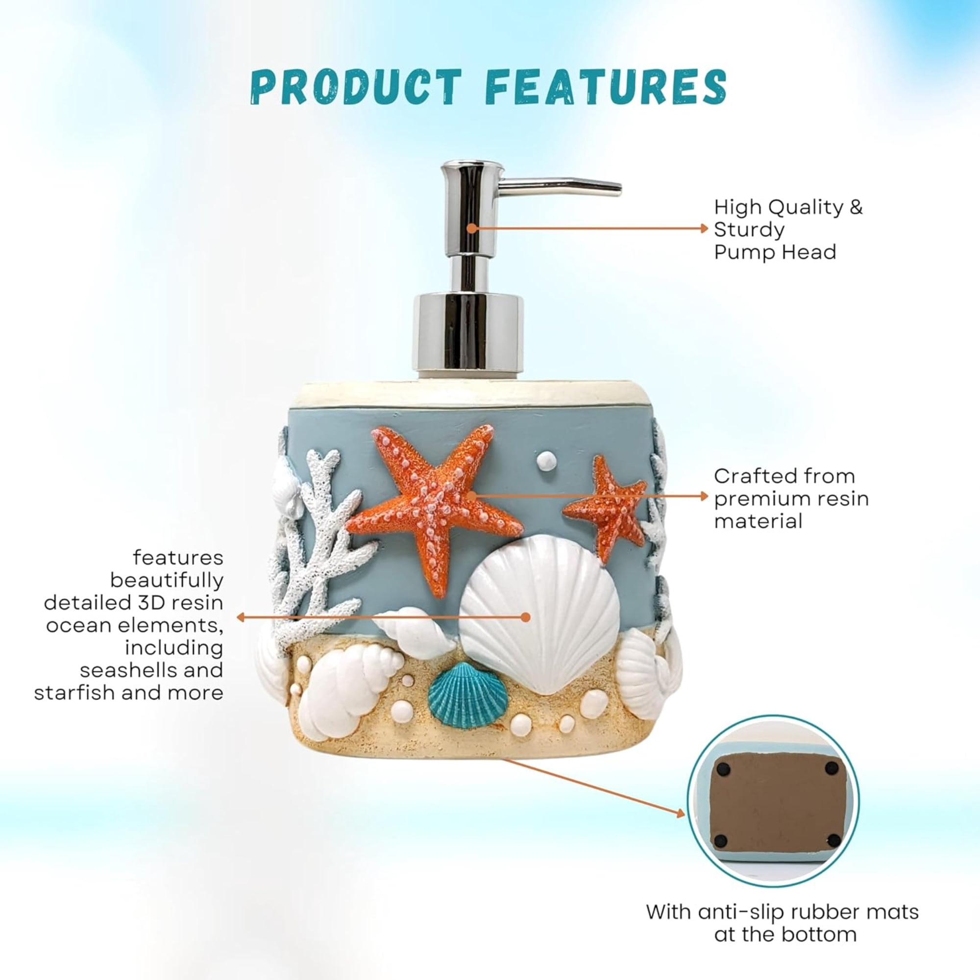 Seaside Splendor Pump Bottle Dispenser – 3D Resin Pump Bottle with Seashells & Starfish Nautical Design for Hand soap, or Lotion, Ocean-Inspired Bathroom Accessories, & Guest Bath Coastal Décor