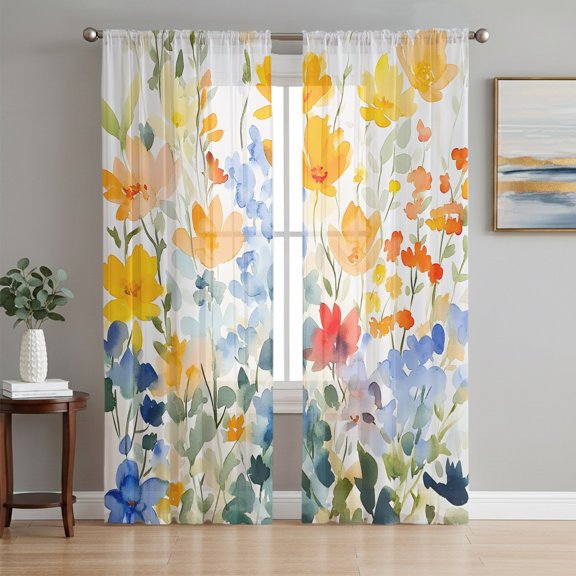 Spring Flowers Sheer Curtains 96 Inch Length 2 Panels Set, Botanical Watercolor Blossom Wildflowers Voile Window Treatment Semi Sheer Long Curtains Drapes for Bedroom/Living Room/Kitchen 52"x96"x2