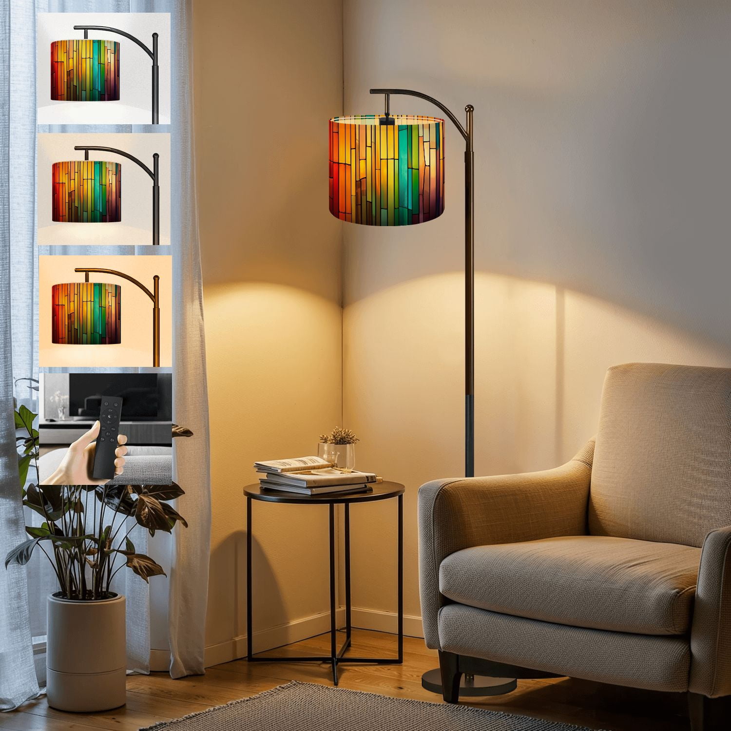 Arc Floor Lamp Colorful stained glass window Abstract stained Tall Modern Standing Lamp LED Adjustable Linen Lampshade 3 Color Temperatures