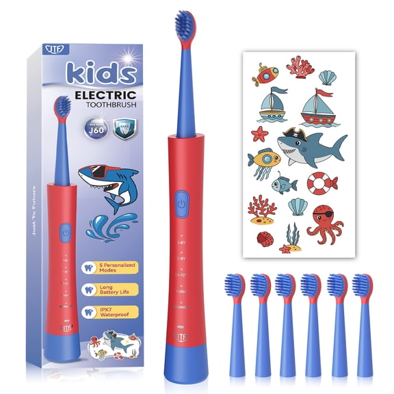 JTF Kids Electric Toothbrush with 6 Brush Heads, 5 Modes Sonic Electric Toothbrush, IPX7 Waterproof, Rechargeable Power Toothbrush for Home School Travel with Stickers for Girls and Boys