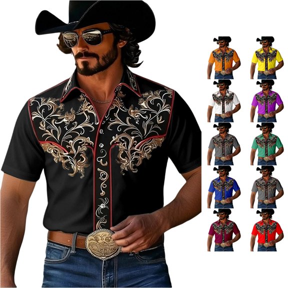 LIIPEE Western Cowboy Floral Graphic Shirt For Men Short Sleeve Turn Down Collar Button Up Shirts Male Comfortable Breathable Tops,L