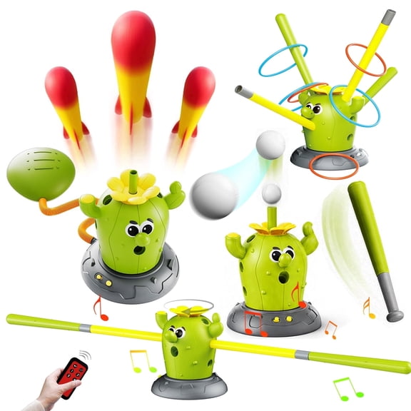 KNMDU 4-in-1 Musical Jump Cactus Toy Set with Ring Toss, Baseball, and Rocket Launcher, Active Play Indoor & Outdoor Toy for Kids Ages 4-8