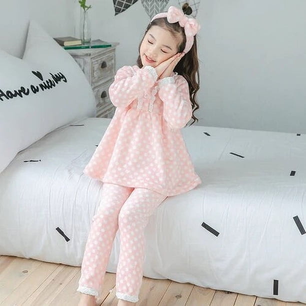 Ropa de niña grande Otoño Invierno pijamas de franela cálidos de manga larga conjunto de ropa de dormir con estampado bonito para niña enviar banda para el pelo regalo de Navidad