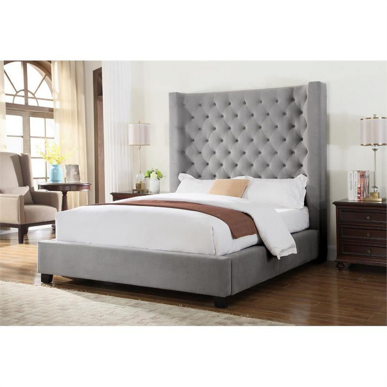 Bowery Hill Transitional Velvet Upholstered High Profile Cal King Bed in Gray