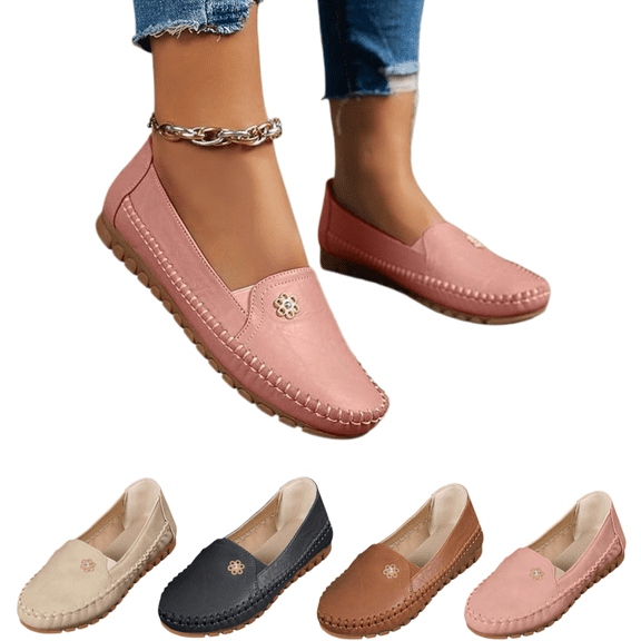 EKVAHL Women's Orthopedic Leather Dress Loafers Arch Support Flats Anti-Slip Rubber Sole Walking Shoes No Heel Round Toe Wide Width Lightweight Slip on Stitched Flat-Soled Casual with Flower Pink