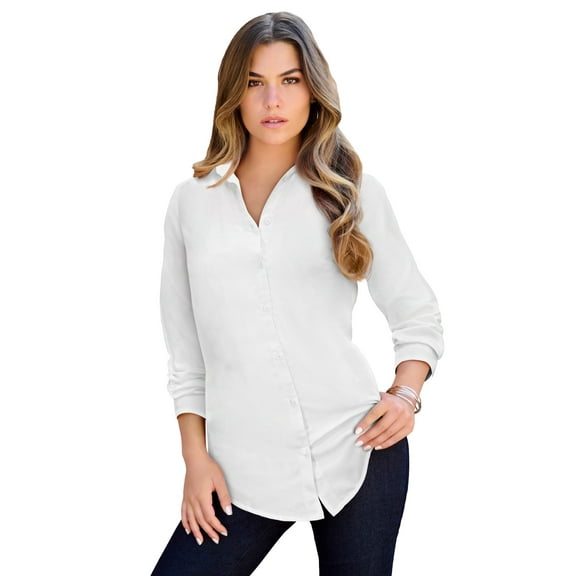 Roaman's Women's Plus Size Kate Long Sleeve Easy Cotton-Blend Button-Front Shirt