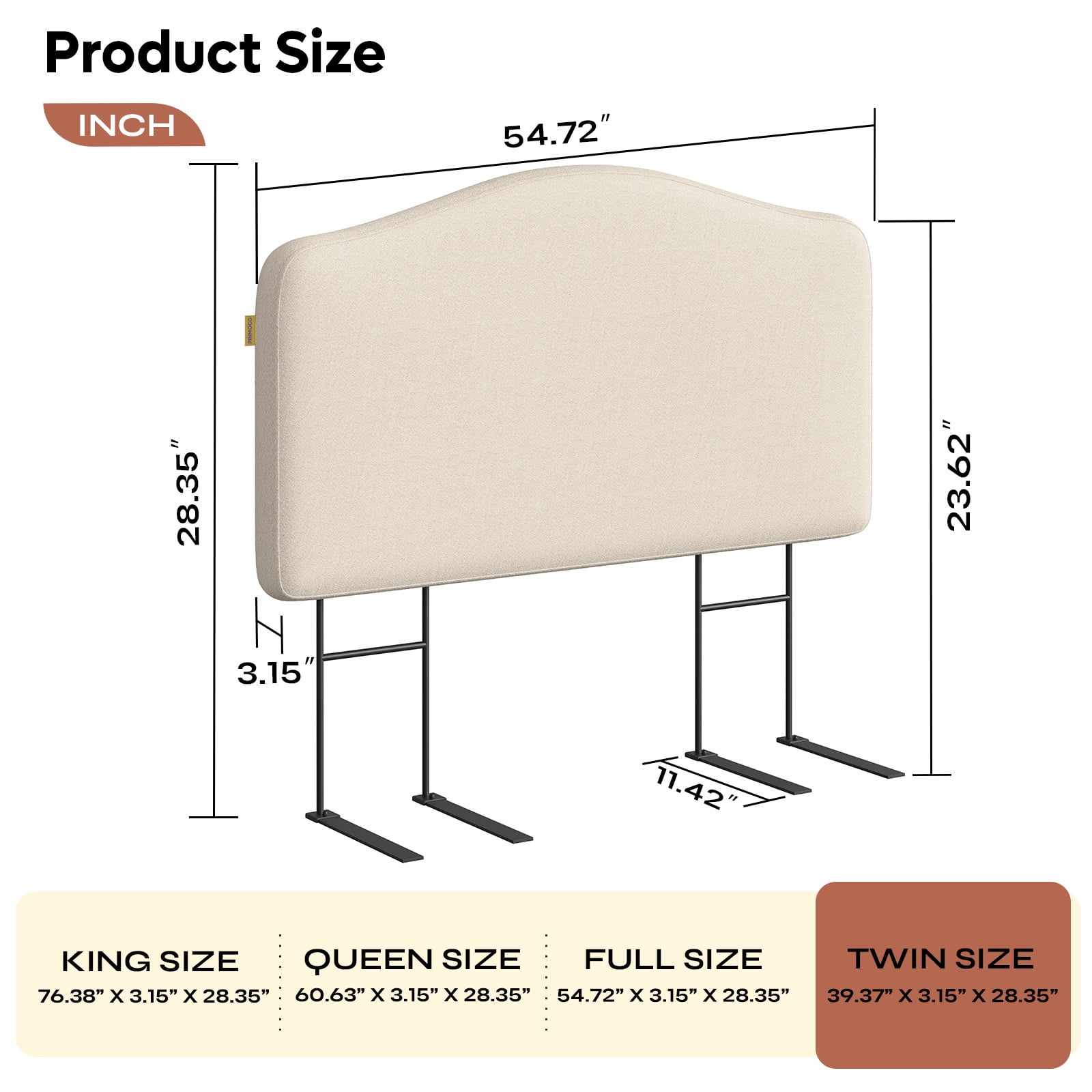 Pinmoco Upholstered Headboard for Twin Bed, Height Adjustable and Memory Foam Arc-shaped Head Board, Beige