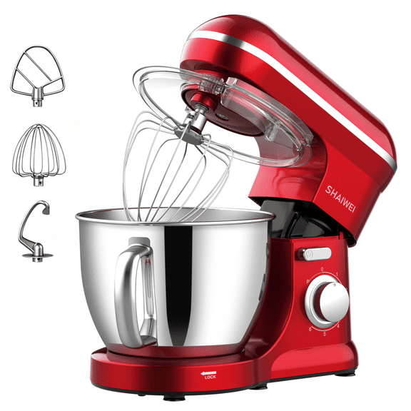 Shaiwei Electric Stand Mixer, 7 Qt Tilt-Head Kitchen Stand Mixer with Dough Hook, Whisk and Beater, Red