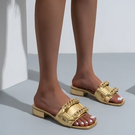 

Aayomet Summer Sandals for Women Summer Fashion Thick Heel Casual Metal Chain Slippers Outdoor Square Toe Plus Size Beach Gold 8.5
