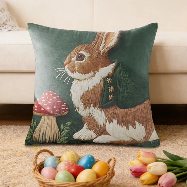 Housse de Coussin de Sofa Imprimée pour Décoration de Salon Série Simples Housse d'Oreiller de Pâques Mignons Lapins Housse de Coussin de Sofa Imprimée Décoration de Fête